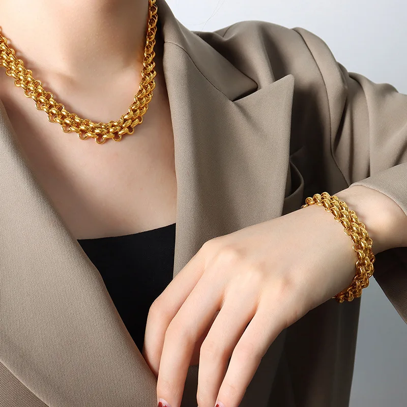 Titanium Steel Retro Thick Woven Chain Bracelet, Hypoallergenic Gold-Plated Women’s Jewelry with Adjustable T-Bar Clasp
