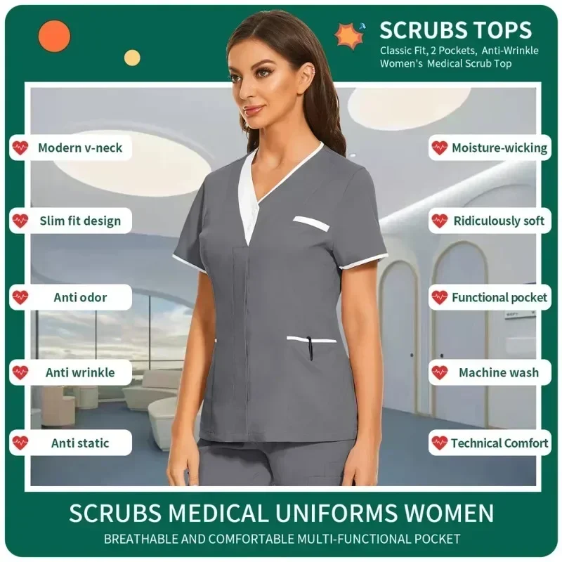 Klinik iş giysisi tıbbi hemşire üniforması scclothes üst kısa kollu doktor giysileri düz renk tıbbi fırça bluz Vneck tulum