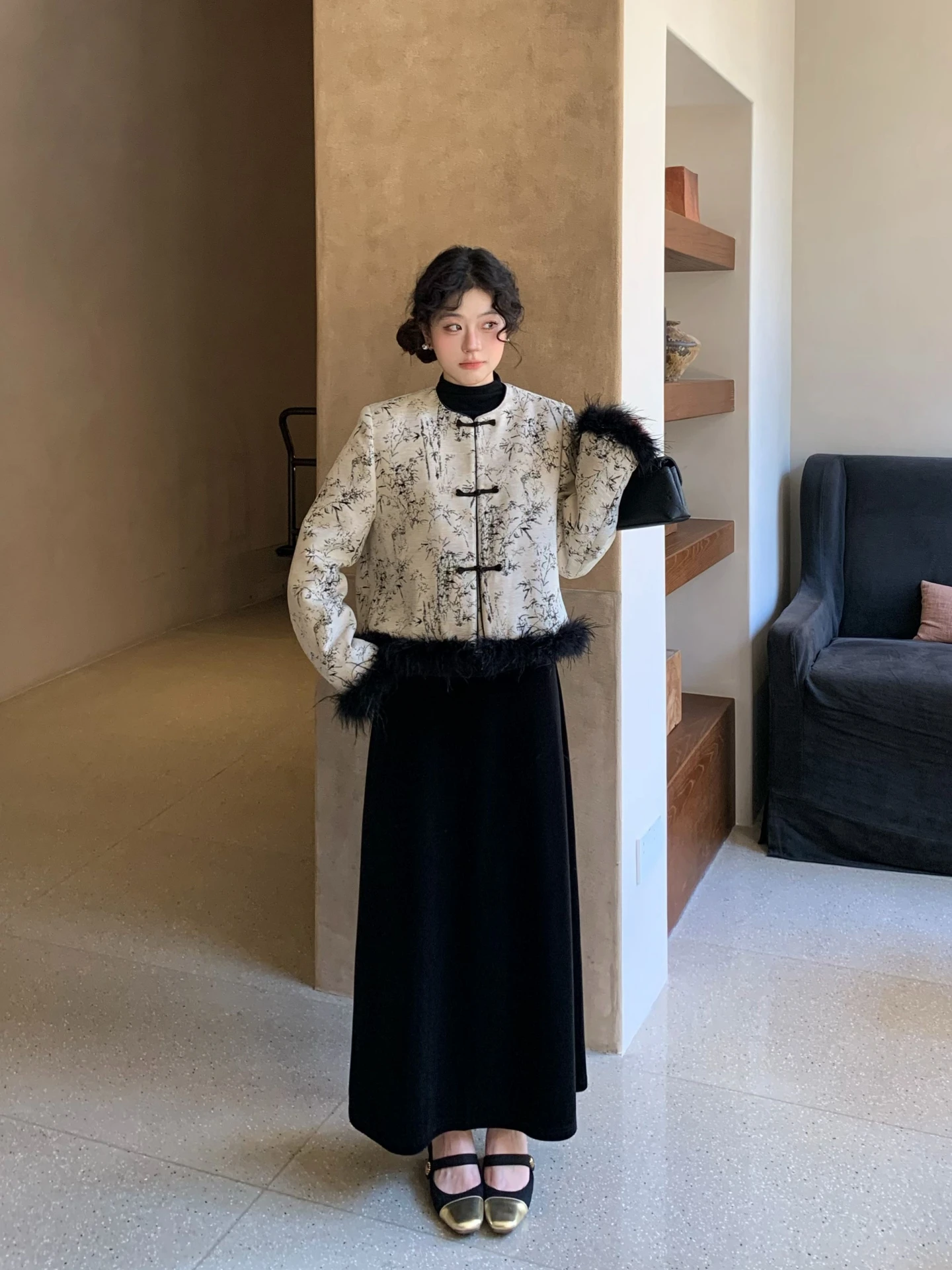 

Moby Anti-Static Velvet Skirt High Waist Thiened Winter Bla f-length Slimming Midi Skirt for Women Straight Cut Sle