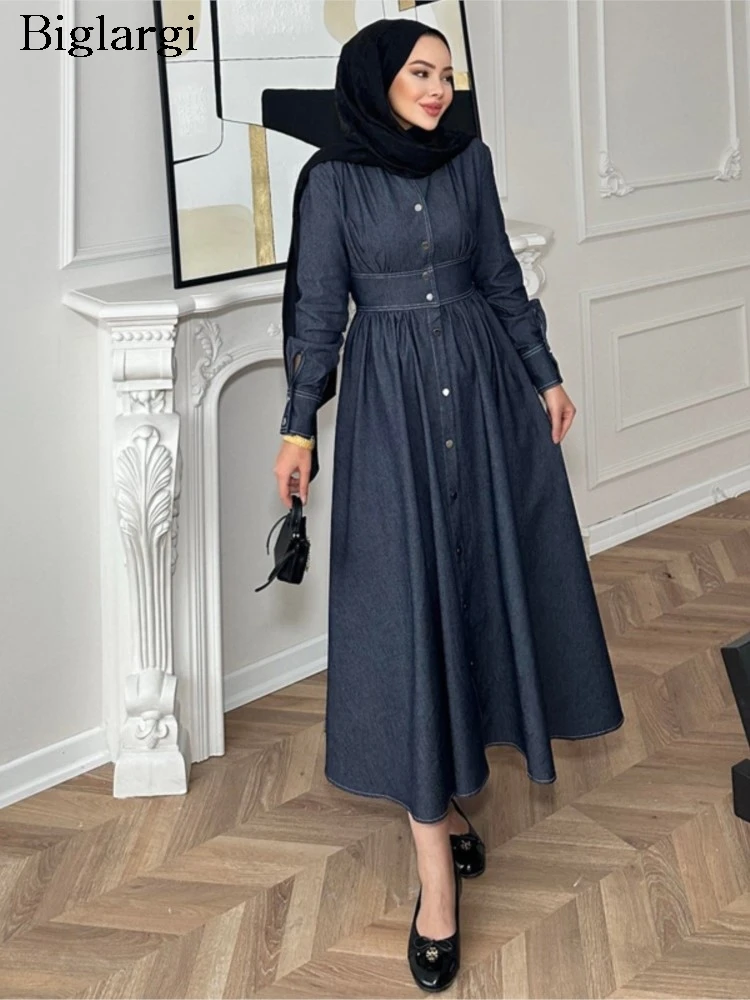 

Denim Spring Summer Dress Women A-Line Ruffle Pleated Loose Fashion Ladies Shirts Dresses Long Sleeve Woman Shirts Dress