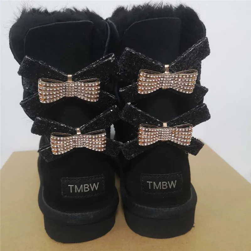 2023 Fashion Two Bows Real Sheepskin Women\'s Winter Woman Snow Boots Mid Calf Genuine Sheepskin Women Boots Women Shoes