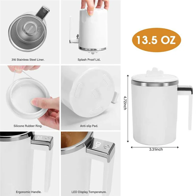 BAAO-Self Stirring Coffee Mug With LED Display Temperature, 13.5 Oz Rechargeable Milk Coffee Mixing Cup, For Home Office