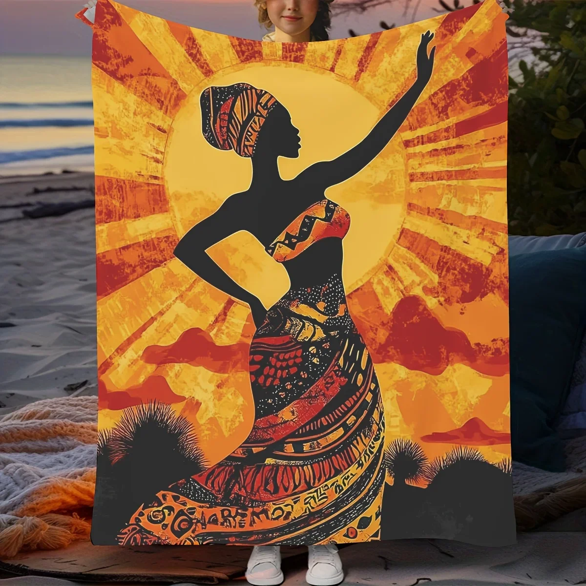 

African Sunset Dance Blanket Soft Cozy Throw with Vibrant Cultural Design Perfect Gift for Art and Tradition Lovers