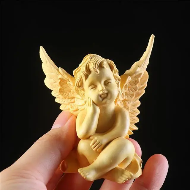 Hand Carved Wood Angel wings Guardian Angel Statue Figurine Desktop Ornaments Home Decoration Crafts Tea Pet Decor