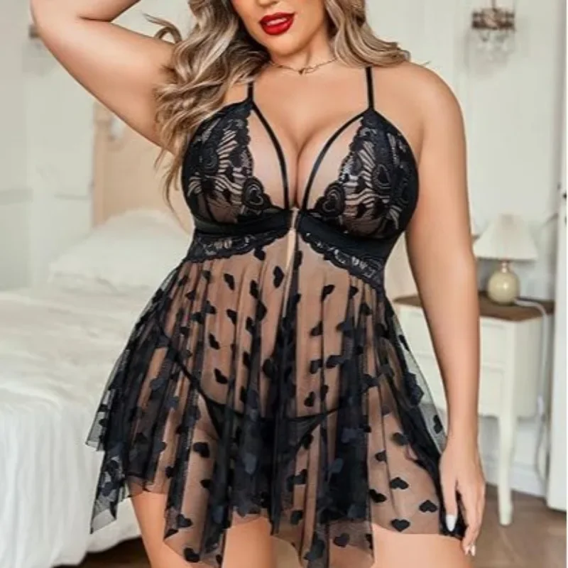 

Сексуальное женское белье - Новый стиль лета 2025 года, сетчатая кружевная ночная рубашка с лямкой на шее и сердечками, комплект больших размеров, длинная ночная рубашка, сексуальная одежда для сна