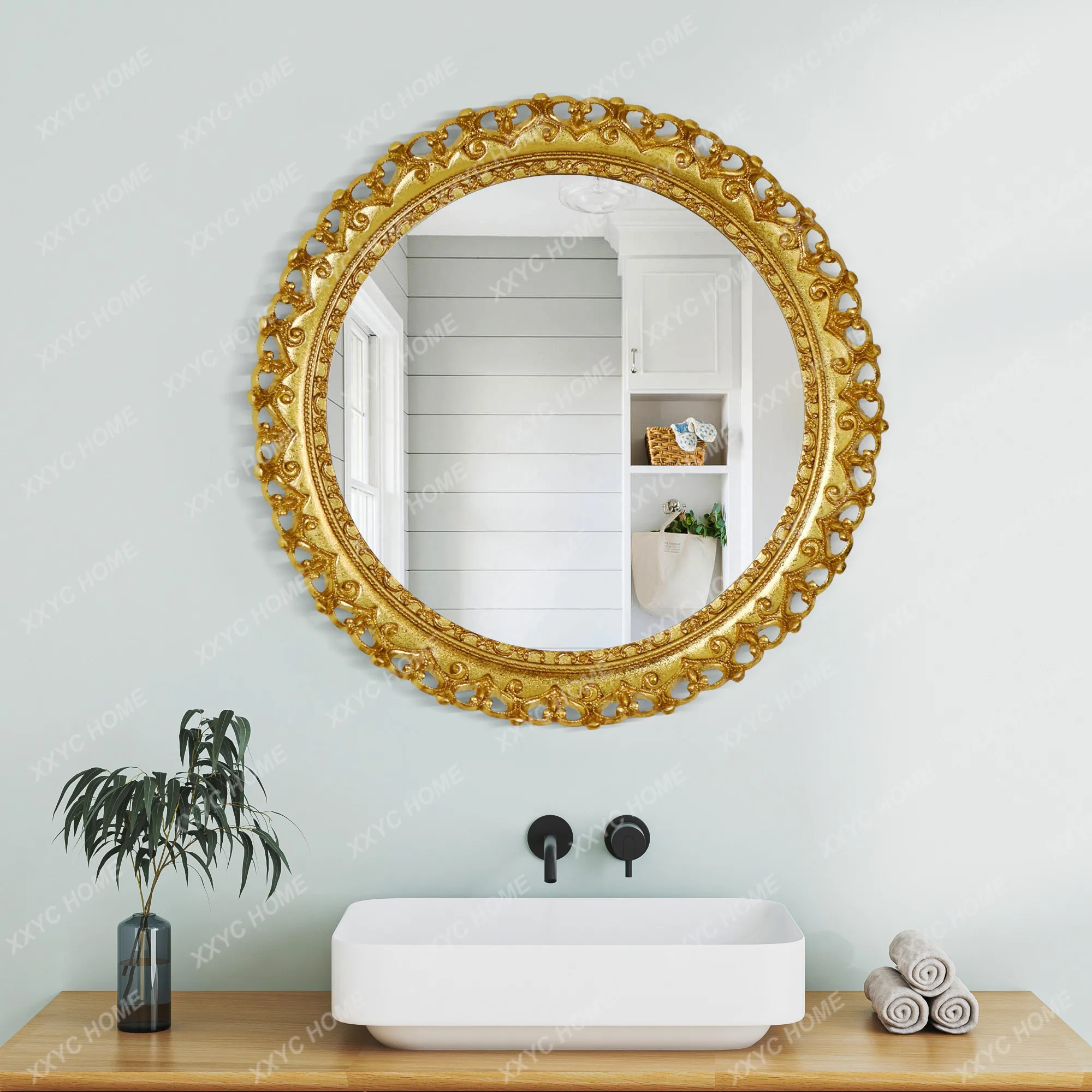 LS retro gold round decorative mirror home living room art light luxury dressing mirror