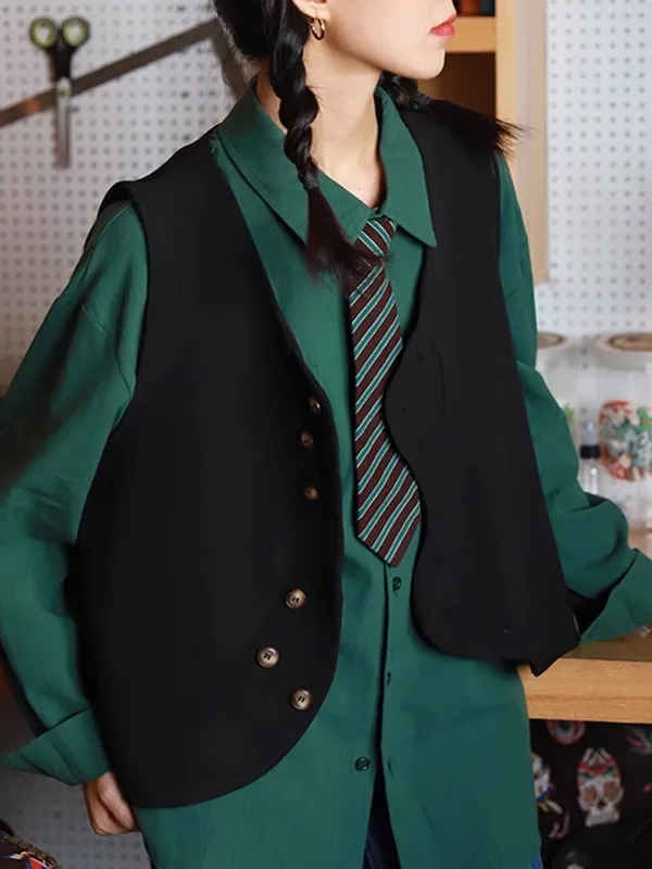 

Retro ort Sle V-Ne Suit Jaet Vest Outerwear Layering Slimming Loose Fit Faion Design 2025 New Arrival Women's Vest