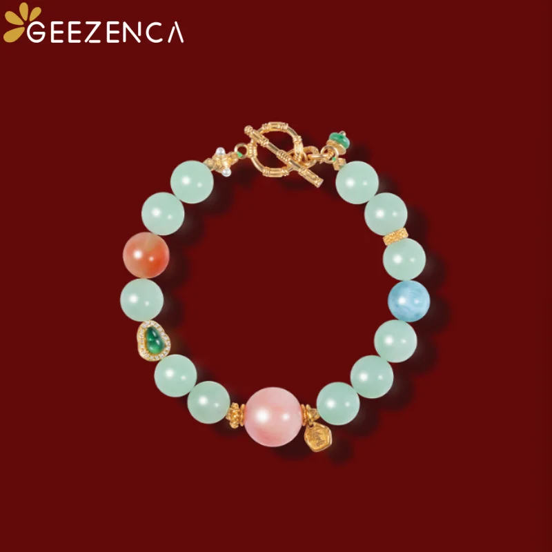 GEEZENCA Natural Jadeite 10mm Big Bead Strand Bracelet Women Opal Larimar Stone 925 Silver Luxury Vintage Chunky Bracelets Gift