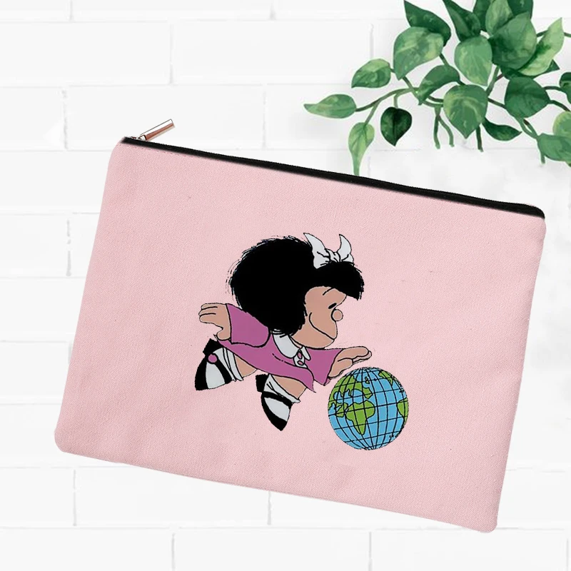 Pink Mafalda Cartoon Cute Print Canvas Cosmetic Pouch Female Aesthetic Makeup Bag Cosmetic Bag Travel Exact Woman Bags Replicas