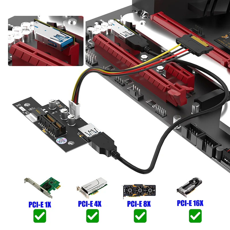 PCIE X1 Extender USB 3.0 Cable PCI-E PCI Express 1X to 1X Riser Card SATA Power LED Indicator with Magnetic Foot Pads for Mining