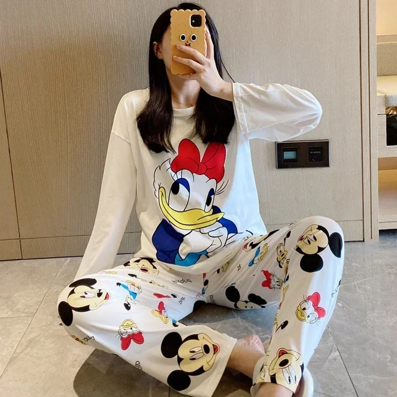 Disney autumn Mickey Mouse new women\'s pajamas silk pajamas women\'s round neck long-sleeved trousers two-piece loungewear set