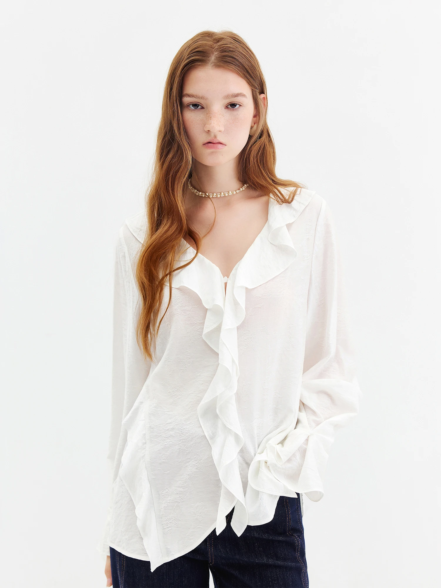 FSLE 2026 Herbst Damen Bluse im französischen Stil mit V-Ausschnitt und Rüschen aus Jacquard - Weicher romantischer Stil für den Alltag und den Arbeitsweg – Detail 3