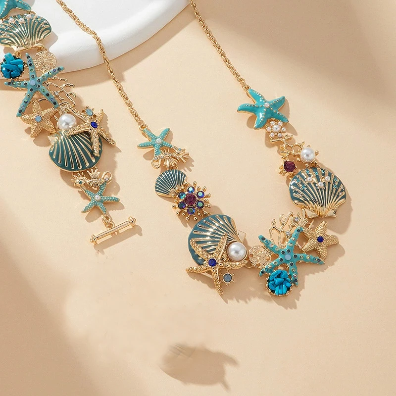 

Summer Multicolor Starfish Shell Shining Crystal Turquoise Pendnt Necklace Bracelets Set