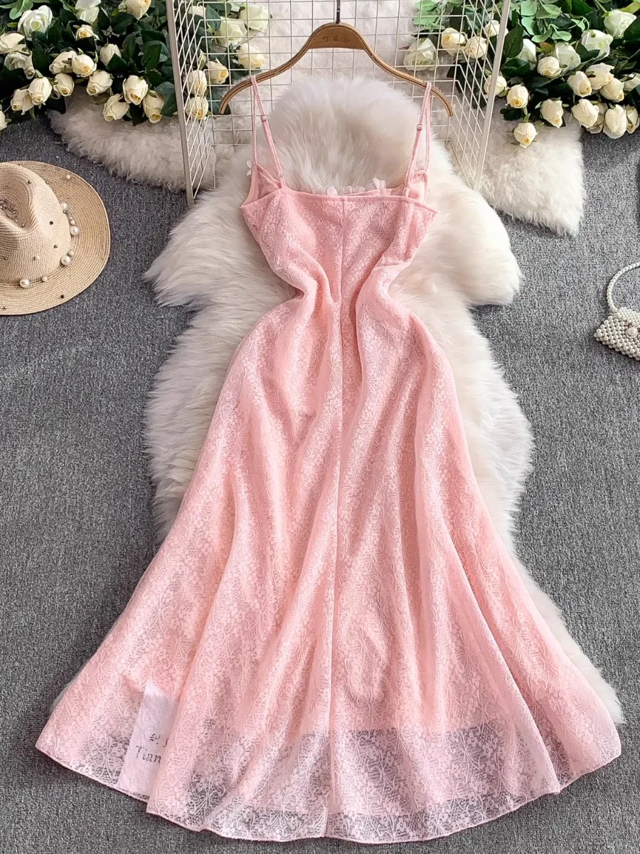 Foamlina นางฟ้าที่สวยงาม 3D ดอกไม้สีชมพูชุดยาวผู้หญิงฤดูร้อนใหม่ฝรั่งเศสที่ไม่ซ้ํากันสวยลูกไม้ Halter Maxi ชุดวันหยุด