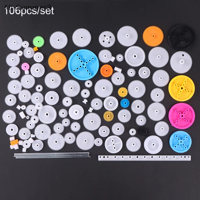 106Pcs Gear Kit Assortment Single Gears Rubber Band DIY Shaft Gear Toothed Wheel For Toy Model Making Motor RC Car Education Toy