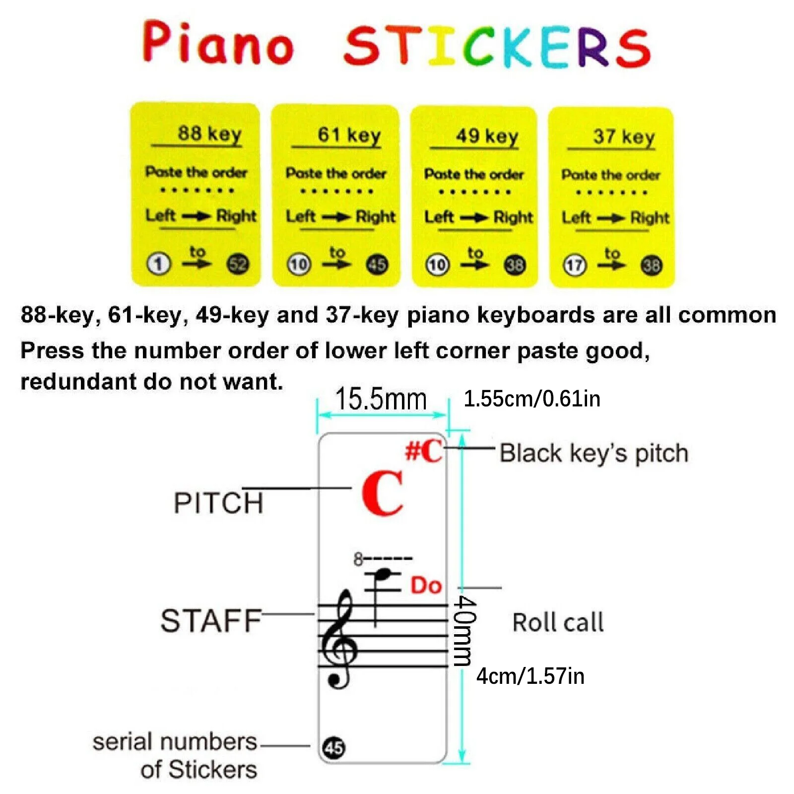 Easy To Learn 37/49/61/88 Key Piano Learning Simplified Sheet Music Stickers Music Keyboard Sticker Note Removable Sticker 5
