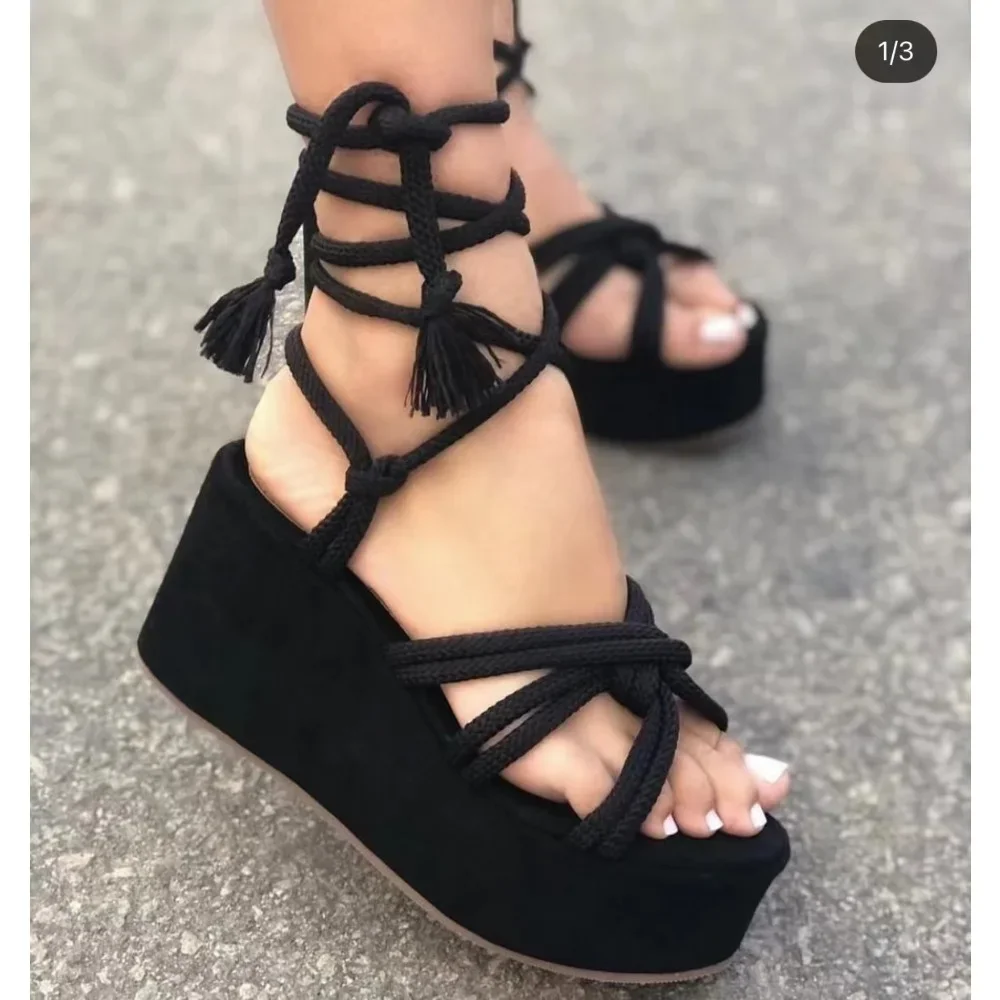 

New Platform Wedge Strappy Sandals Women Fashion Round Toe Cross Tied Open Toe Women Sandals Platform Sandals Zapatos De Mujer