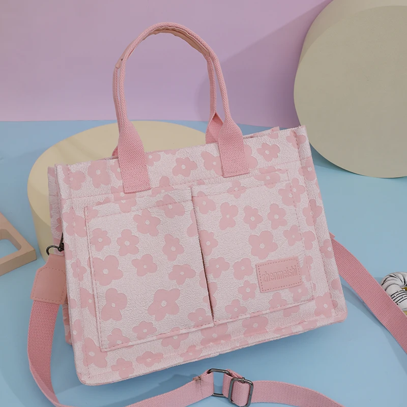 Bolso de hombro de lona con estampado de flores para mujer, bolsa de mano de viaje para la universidad, informal, de gran tamaño