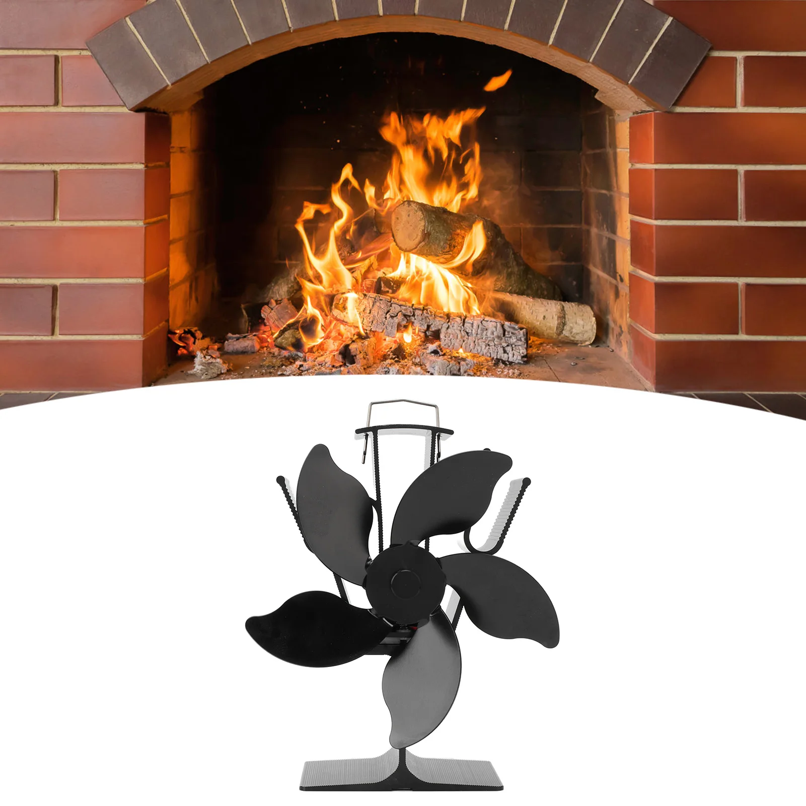비 전기 벽난로 팬, 열 구동 스토브 팬, 고온 저항, 5 블레이드, 거실용 블랙