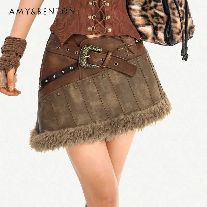 

Original Heavy Craft Retro Design Hot Girl Furry Splicing PU Leather Women's Short Skirt Autumn Winter New A-line Skirts Ladies