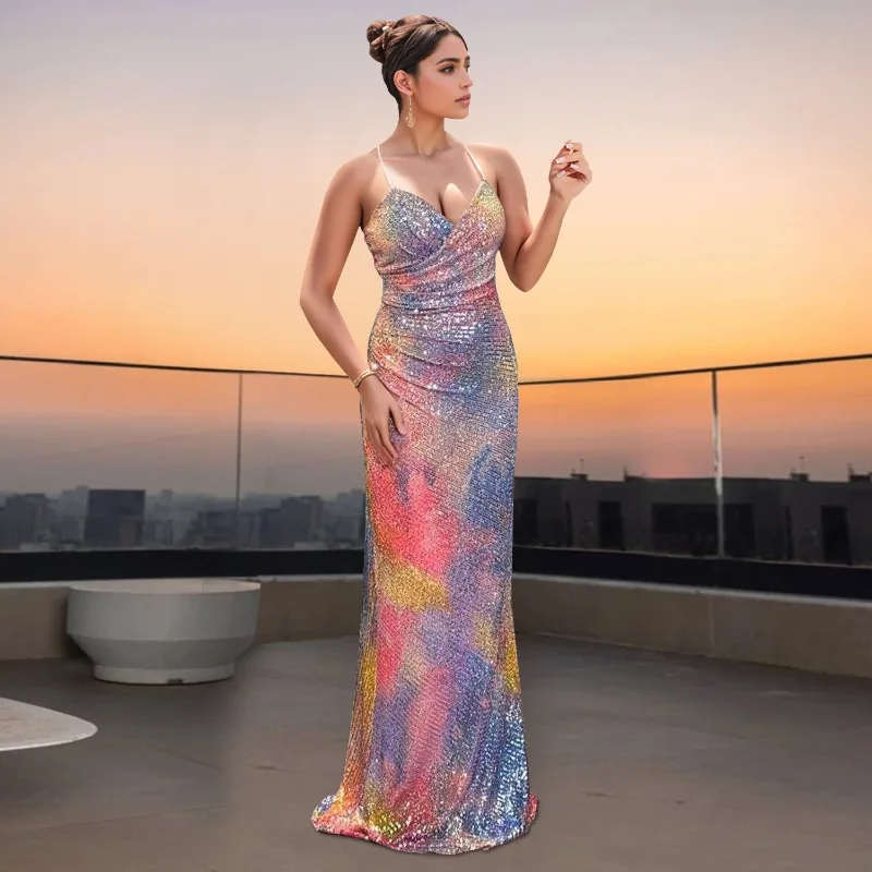 KEXU 2025 المرأة حزام Ruched متعدد الألوان تسلق الترتر Bodycon ماكسي فستان طويل مثير الخامس الرقبة سبليت مساء فساتين عيد ميلاد
