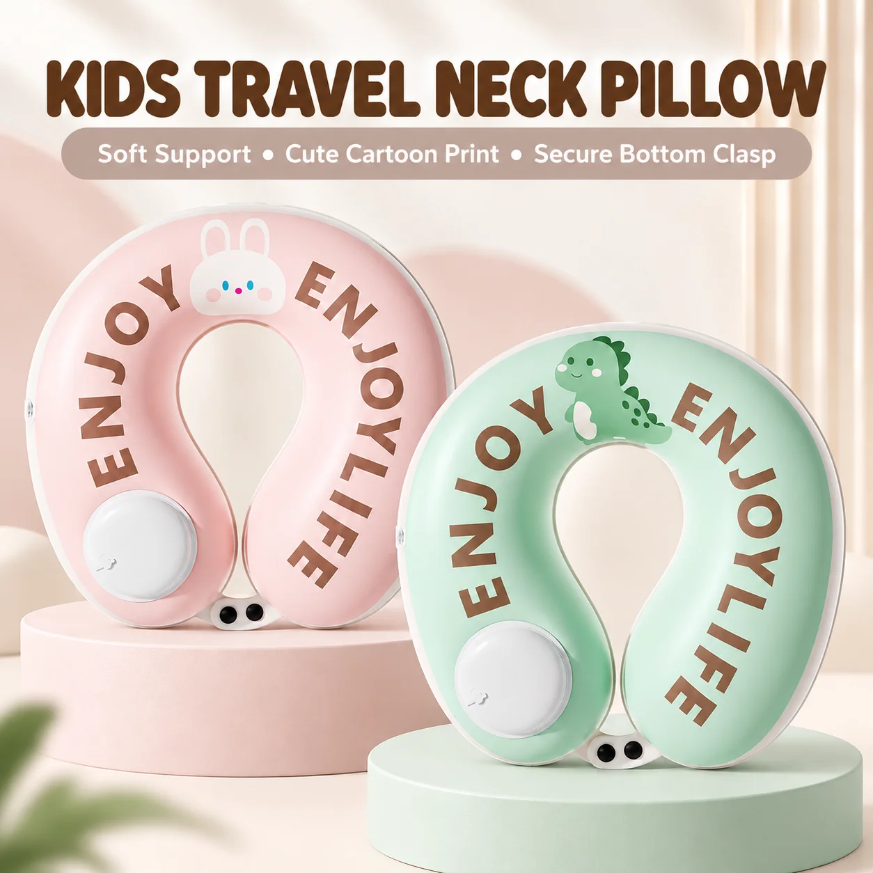 1PC Kids Travel Pillow Inflatable U Shaped Neck Pillow Cartoon Bunny Dinosaur Soft Neck Support Cushion for Airplane Car Trips