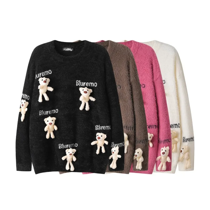 

New Autumn and Winter Fun Cartoon Teddy Bear Knitted Sweater with Letter Jacquard Round Neck Loose Sweater Trend
