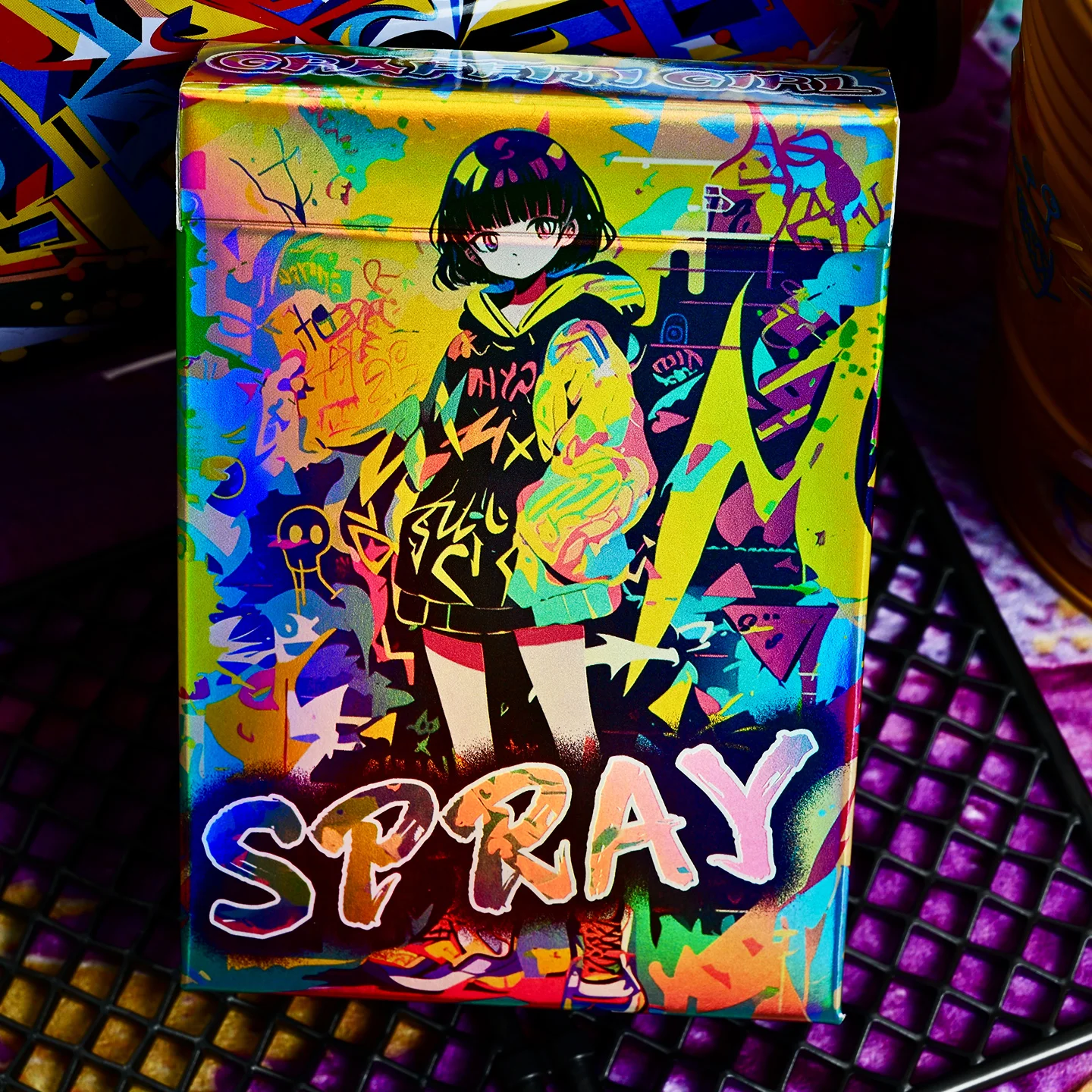 Trendige Laser-Poker-Karten, kreative magische Sammlung, Graffiti-Spray-Design, süßes Mädchen-Thema für Spiele und Sammlerfans