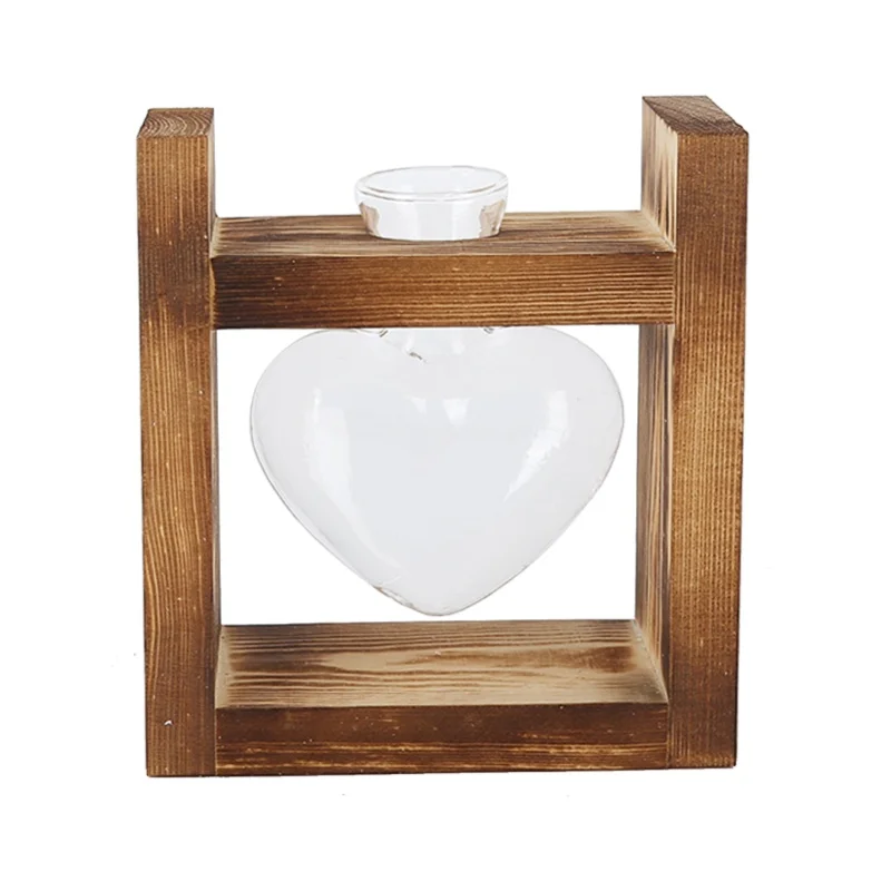 Innovative Flower Pot With Vintage Wooden Frame Transparent Tabletop Vase Home Decoration(1 HeartShaped Bottle )