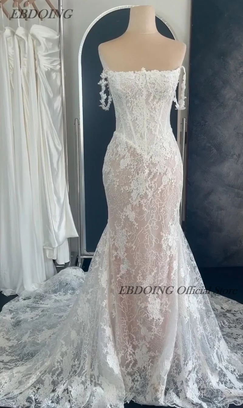 EBDOING فستان الزفاف حورية البحر الدانتيل قارب الرقبة العنق الكلاسيكية الباسك مع الديكور ثوب العروس مخصص
