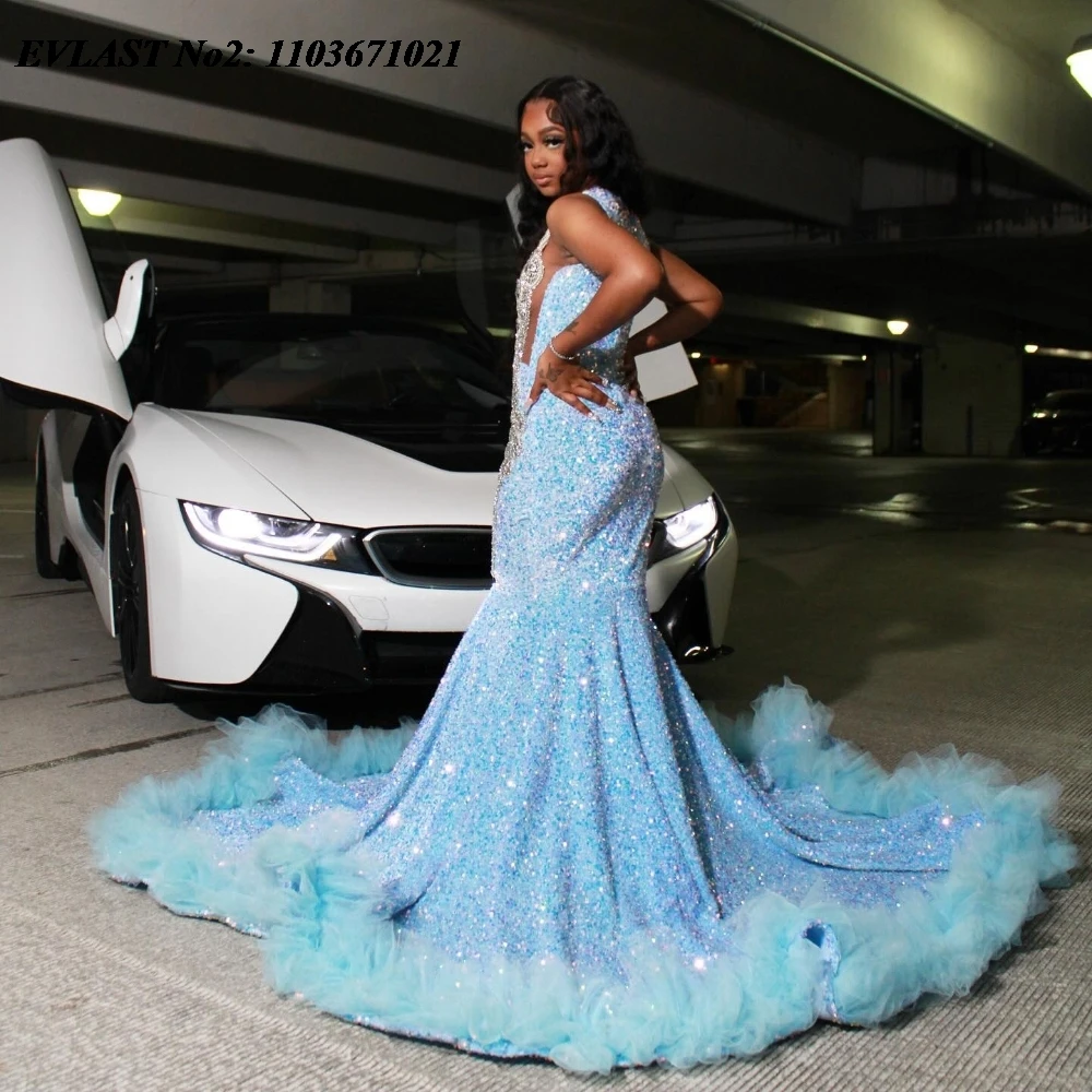 EVLAST Customized Sexy Sky Blue Sequins Mermaid Prom Dress For Black Girls 2025 Crystal Beaded Formal Party Evening Gown E2P41