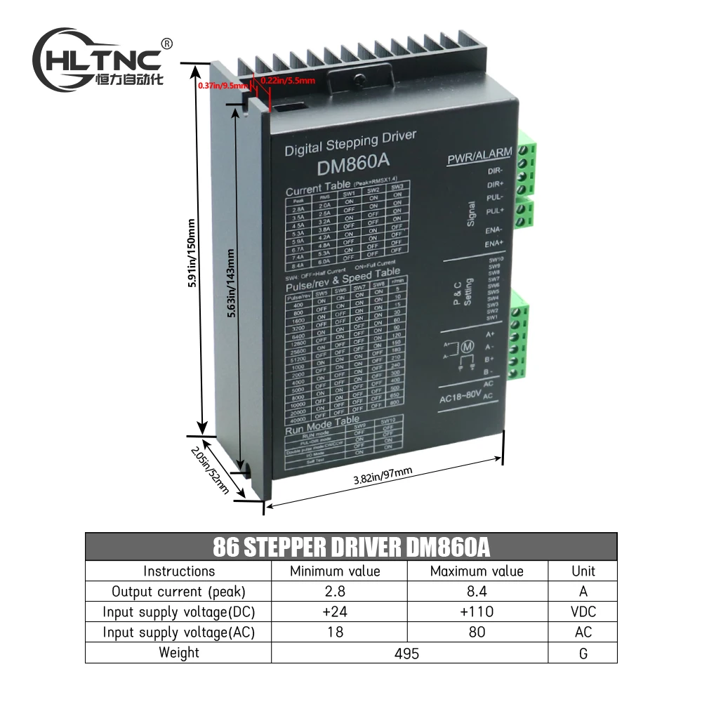 Microstep Motor Driver DM860A Suitble for Nema34 Stepper Motor Supply Voltage AC18-80V DC24-110V 200KHZ 8.4A