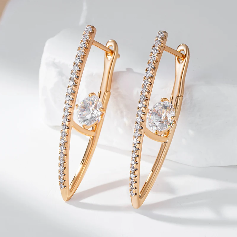 Wbmqda Fashion V Shape Long Drop Earrings For Women 585 Rose Gold Color With White Natural Zircon Luxury Wedding Party Jewelry