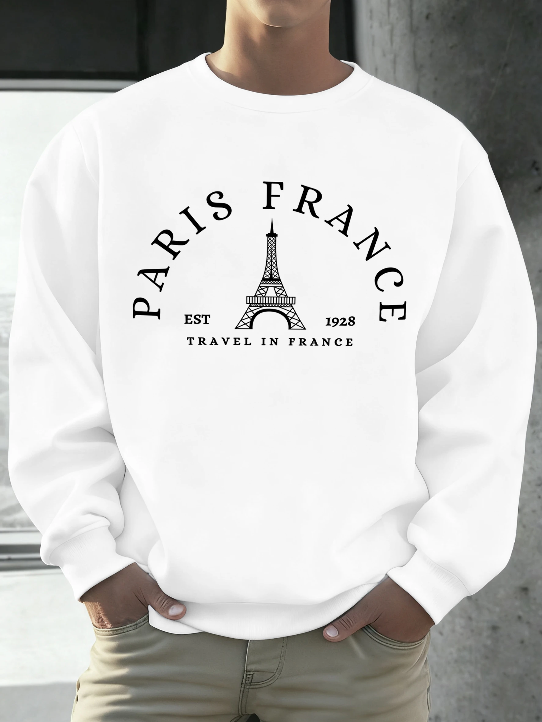 Paris France Travel In France Print Men Sweatshirt O-Neck Loose Casual Pullover All-Match Autumn Long Sleeve Warm Fleece Clothes