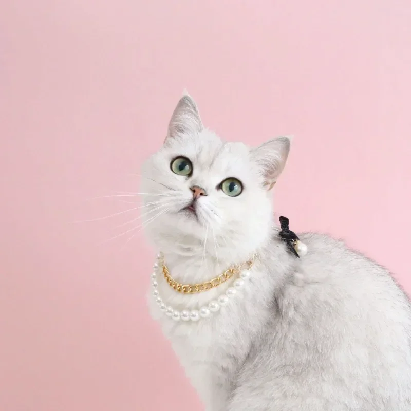 Pet Cat Than Bear Dog Rabbit Pearl Bow Chain Collar with Vintage Accessories Diamond Love Shape Cat Accessories Pet Garfield