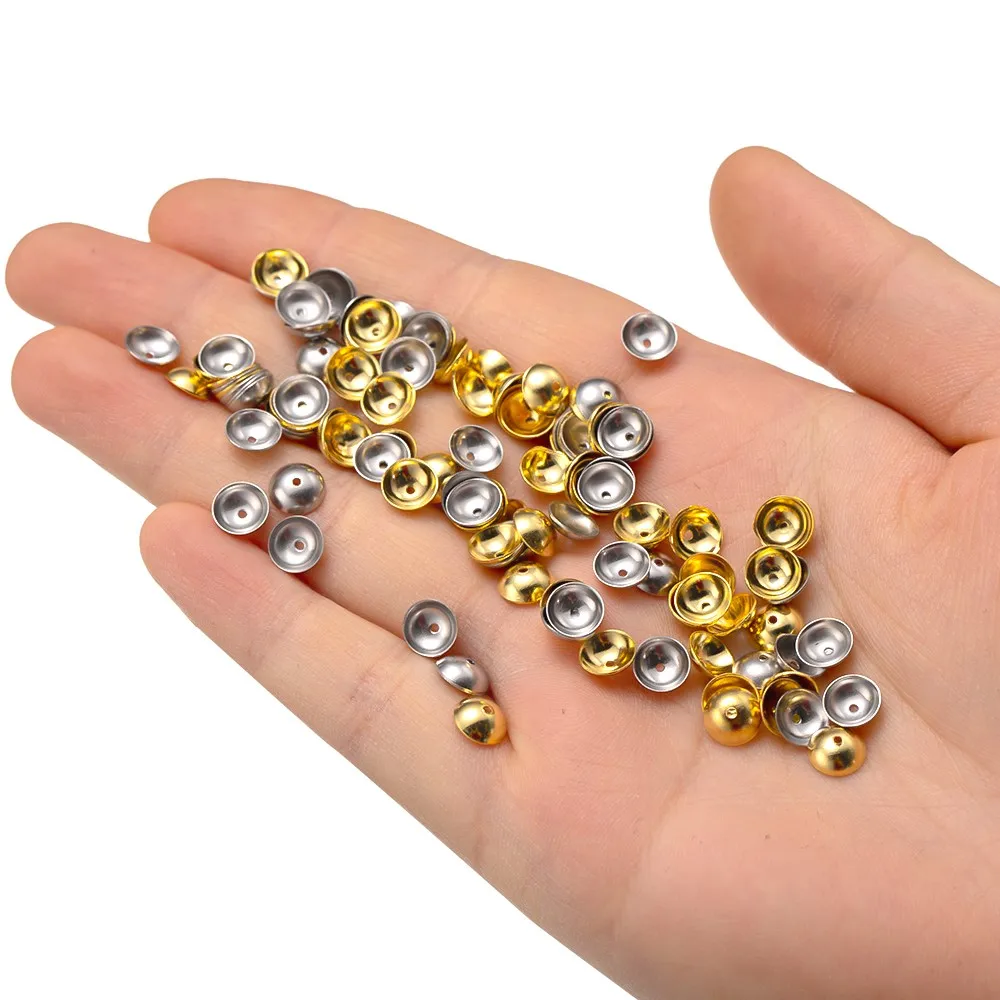 50pcs/Lot Stainless Steel Gold Color Round Bead Caps for DIY Bracelets Components Jewelry Making Accessories Supplies Material