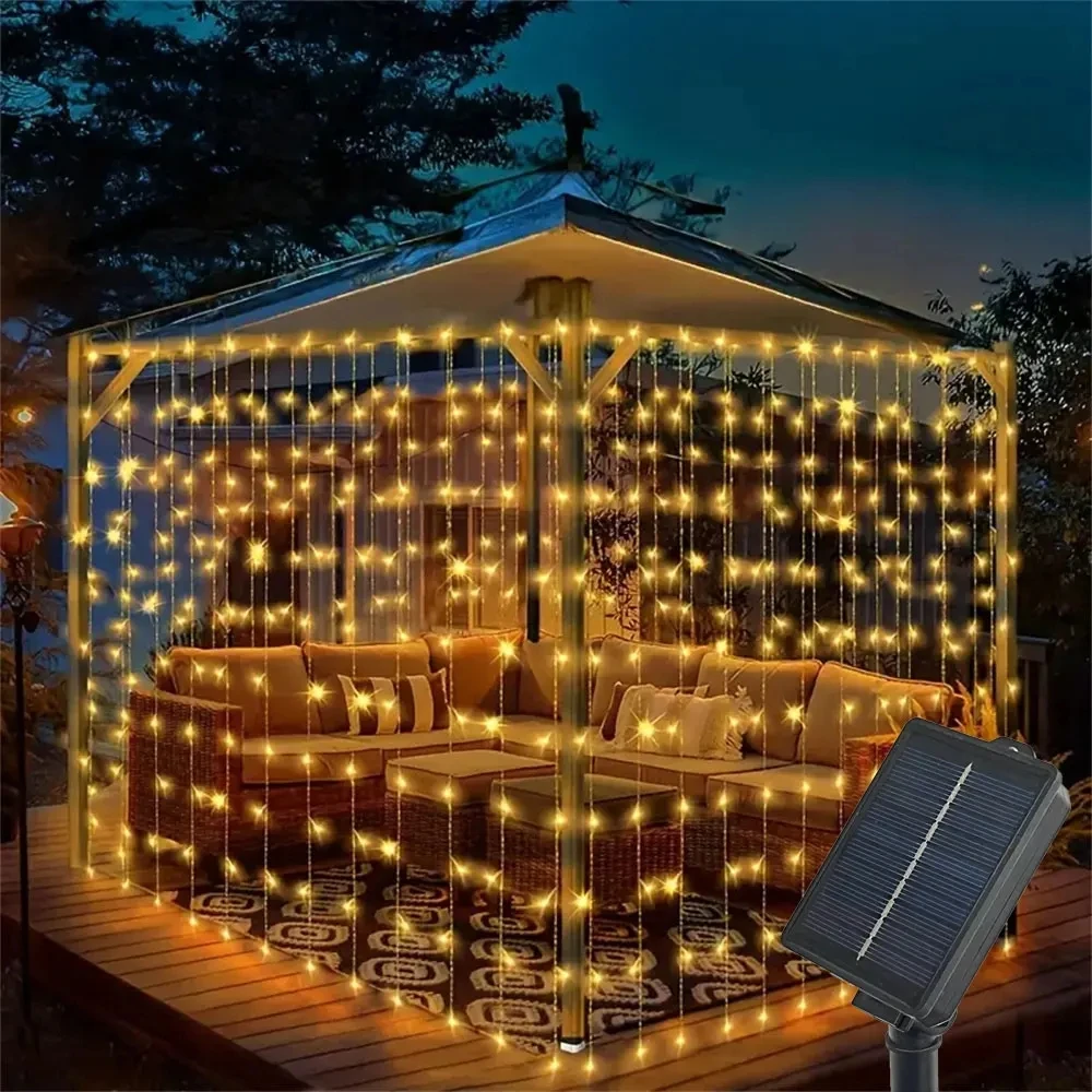 

Светодиодная солнечная гирлянда-штора для свадьбы, уличная сказочная гирлянда, садовая лампа, 8 режимов освещения, украшения для Рамадана, Ид Мубарак