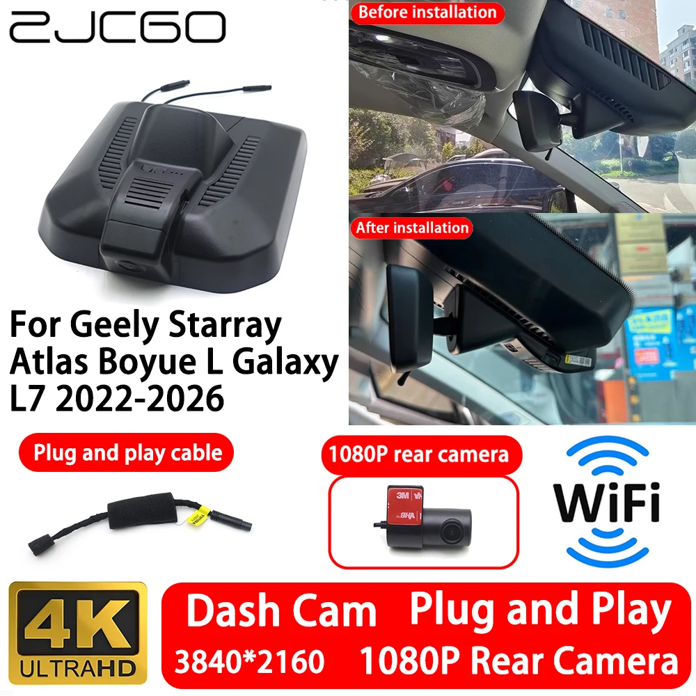 for Geely Starray Atlas Boyue L Galaxy L7 2022-2026 4K 2160P Front Rear Camera Dash Cam Wifi Plug and Play Video Recorde