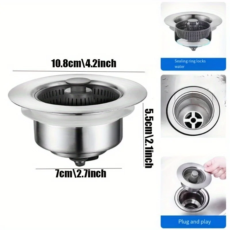 3-in-1 Kitchen Sink Filter and Plug Set, Upgraded Durable ABS Material Bouncing Kitchen Sink Plug, Essential Bathroom Accessory