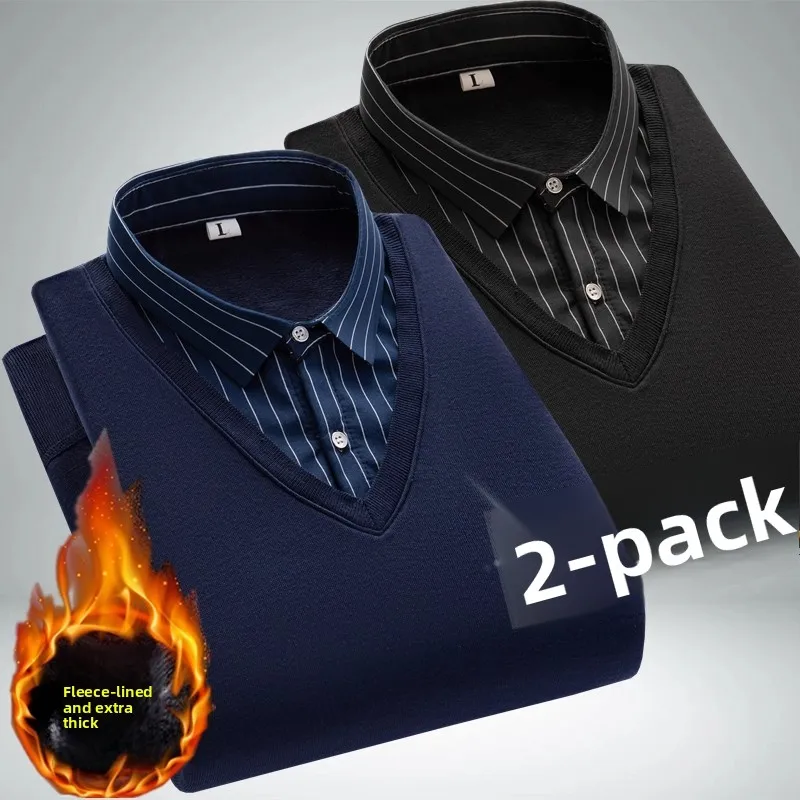 

Thiened Fce Lined Knitted Base Layer Underwear irt Collar Sweater for Middle-Aged And ly Men Busin Sle Casua...