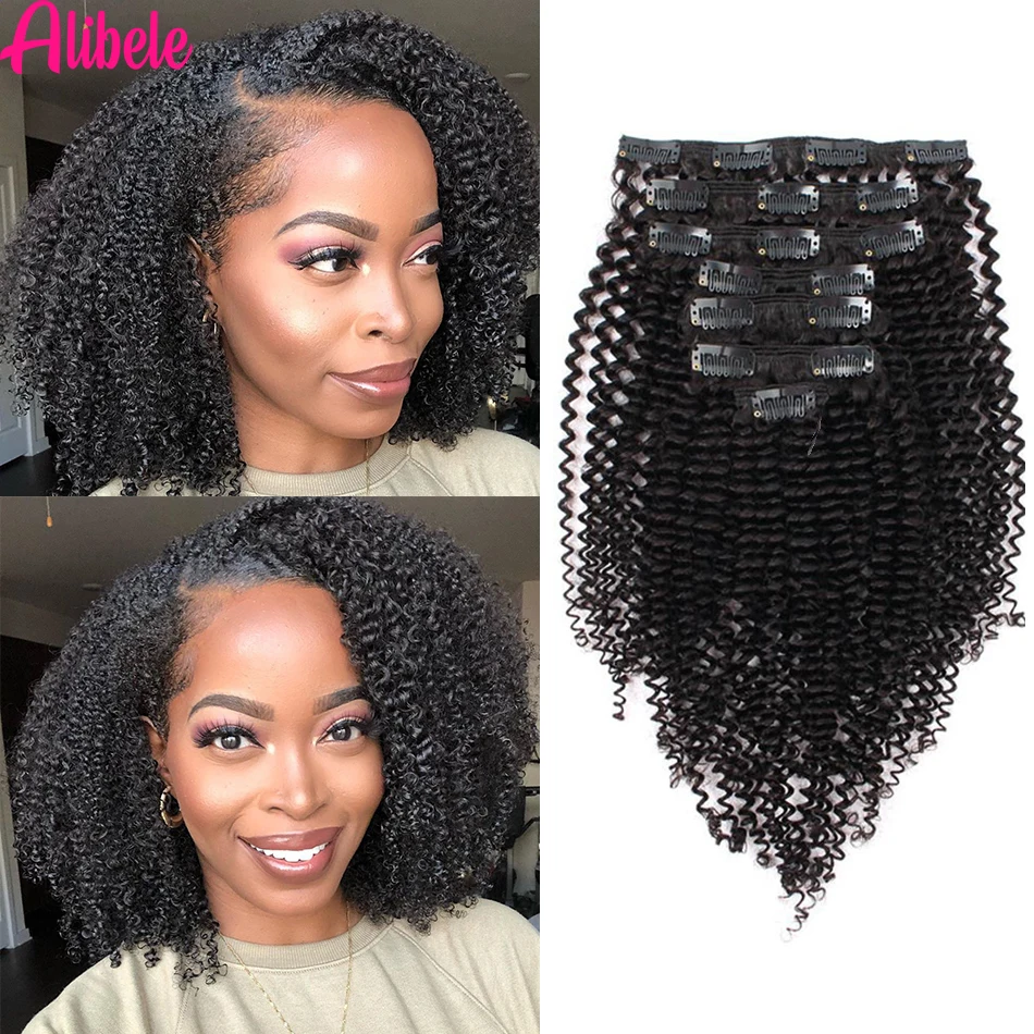 Alibele-Clips Afro Kinky Culy para mujer, extensiones de cabello humano, Clips de pelo Remy brasileño, 120G, 8 unids/set, 10-28 pulgadas, 4B 4C