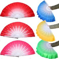 Chinese Short Bellydance Fan 32.5cm Bamboo+10cm Half Circle Silk Veil Pairs Yangko Dancer Practice Bamboo Fans Hand Dye Adults