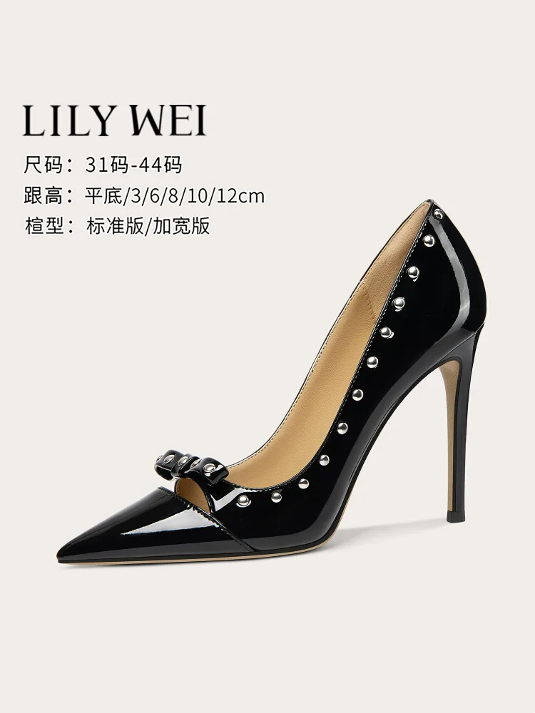 

Spring new patent leather shallow rivet flat shoes thin high-heeled waterproof table banquet large size small size women's shoes