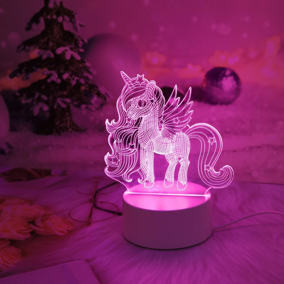 1PC 3D Night Light Creative Bedside Light Cute Unicorn Valentine\'s Day Christmas Home Decoration Romantic Atmosphere Light