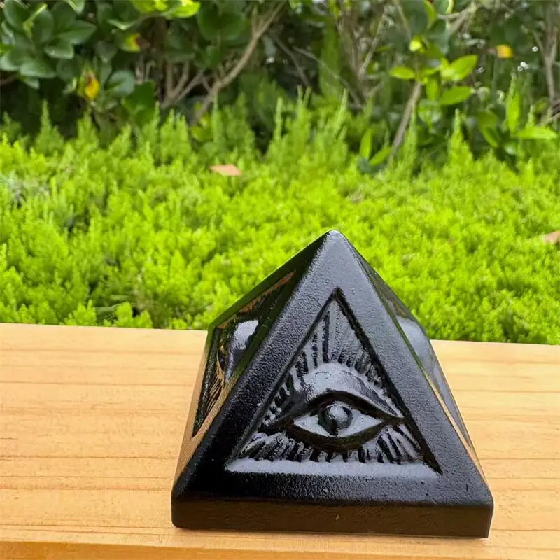 Natural Black Obsidian All-seeing Eye Pyramid Carvings Crafts Healing Feng Shui Home Decoration Stone Statues Gift 1PCS