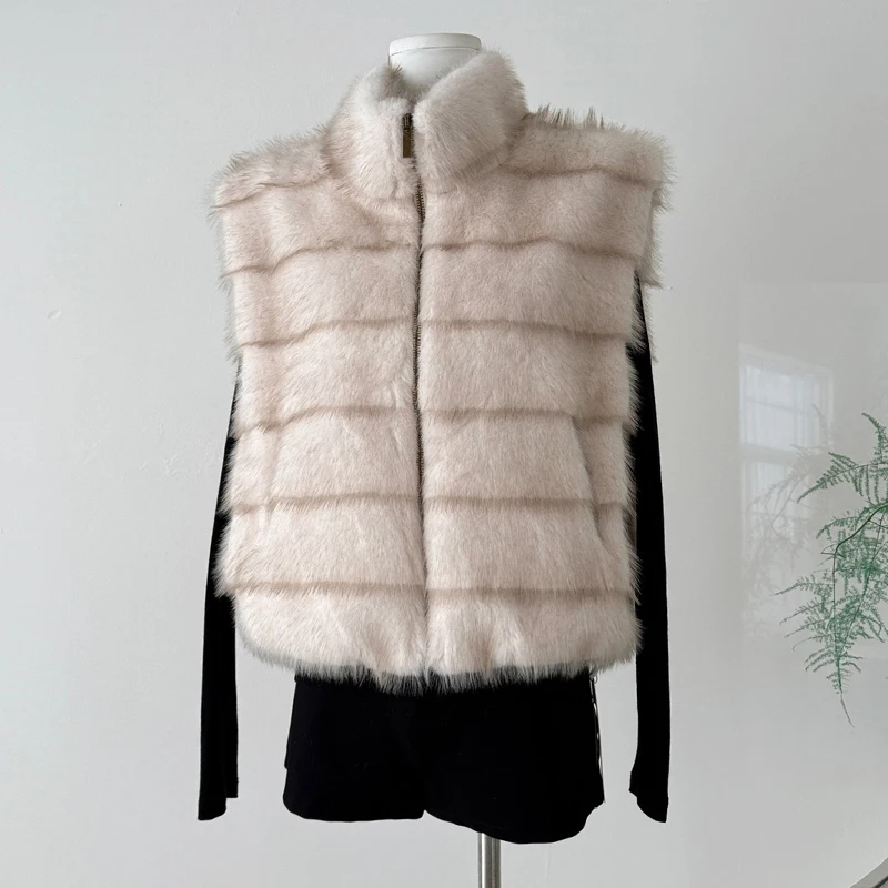 

Женский жилет из искусственной норки с воротником-стойкой в стиле ретро, осенне-зимнее теплое меховое пальто без рукавов на молнии, женская элегантная верхняя одежда