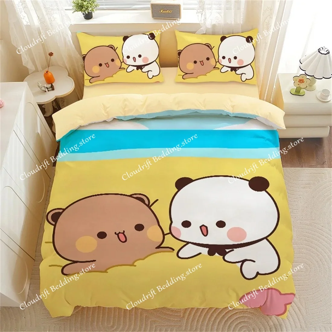 Cartoon Bear Panda Duvet Cover, Cute Bubu Dudu Bear Bedding Set Soft Polyester 3D Digital Printed Duvet Cover and Pillowcase