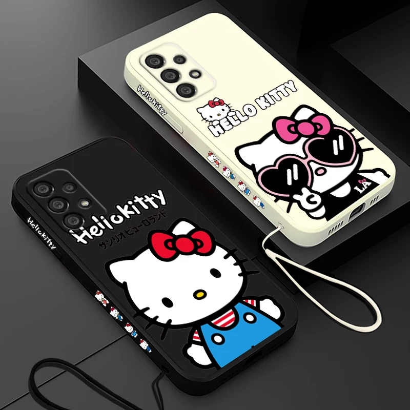 Cartoon Cat Hello Kitty Phone Case For Samsung A55 A53 A33 A52 A32 A71 A51 A21S A35 A25 5G Liquid Left Rope Funda