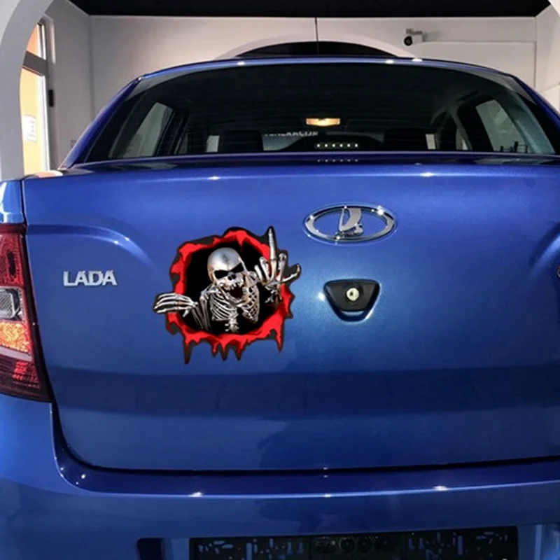 15*14cm 3D Skeleton Skull In The Bullet Hole Car Stickers Funny Colorful Car Stickers Scary Skull Sticker Auto Automobile Decals