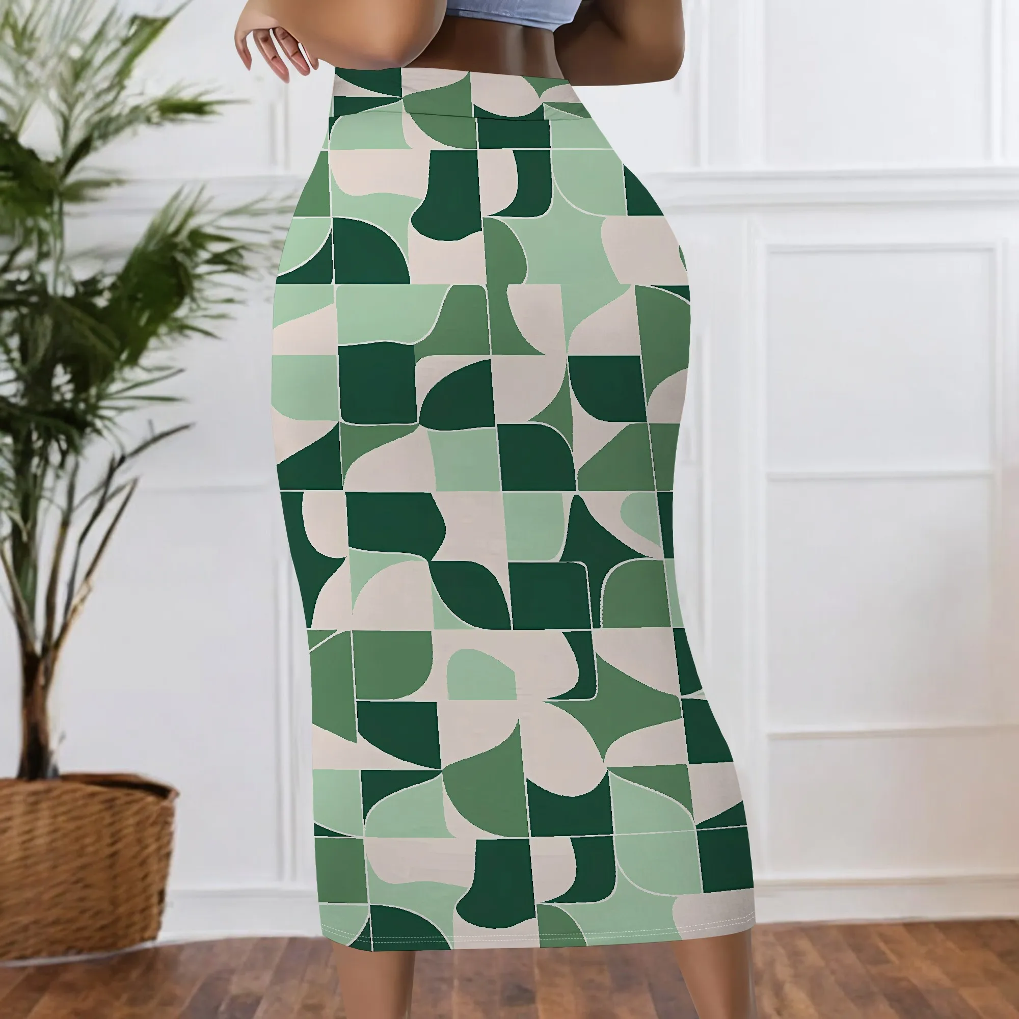 Geometrischer Druck, Midirock, grünes abstraktes Muster, Retro-Stil, Bürokleidung, Freizeitoutfit, S-2XL – Detail 4